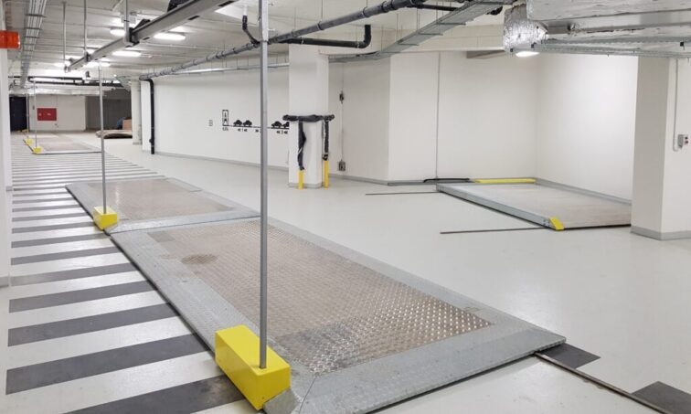 Parking podziemny z zastosowaniem palet poprzecznie przesuwnych NK6501 oraz podłużnie przesuwnych NK6401